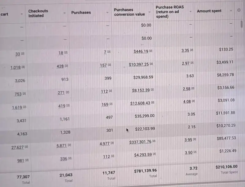 Meta Ads Manager: $781K purchase value on $210K spend